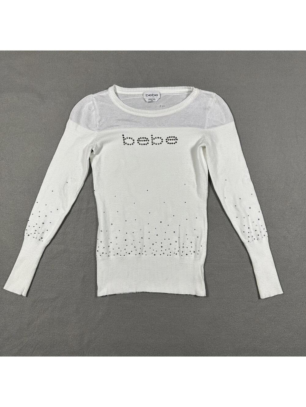 BEBE Sweater White Rhinestone Detail XS Y2K